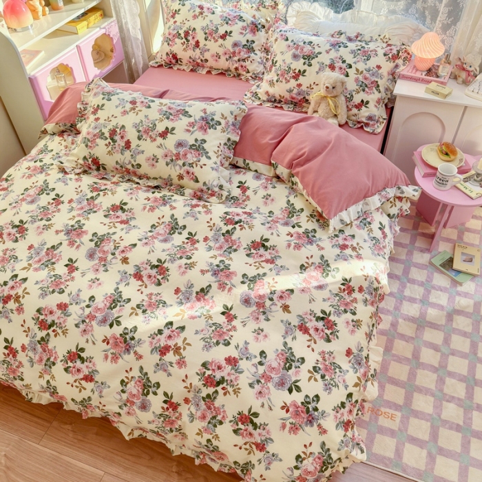 91家纺网 家纺一手货源 找家纺 蓝邻 2023新款全棉印花韩版花边款四件套 满园芳华