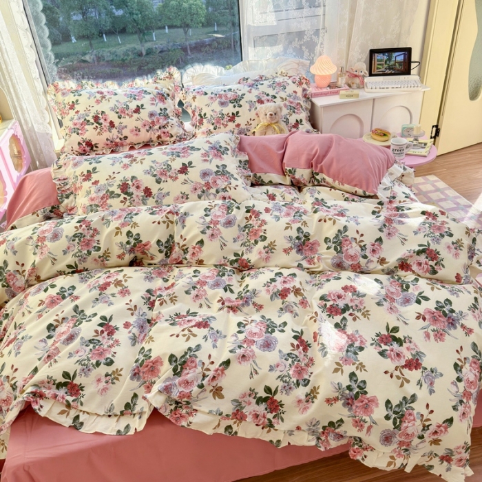 91家纺网 家纺一手货源 找家纺 蓝邻 2023新款全棉印花韩版花边款四件套 满园芳华