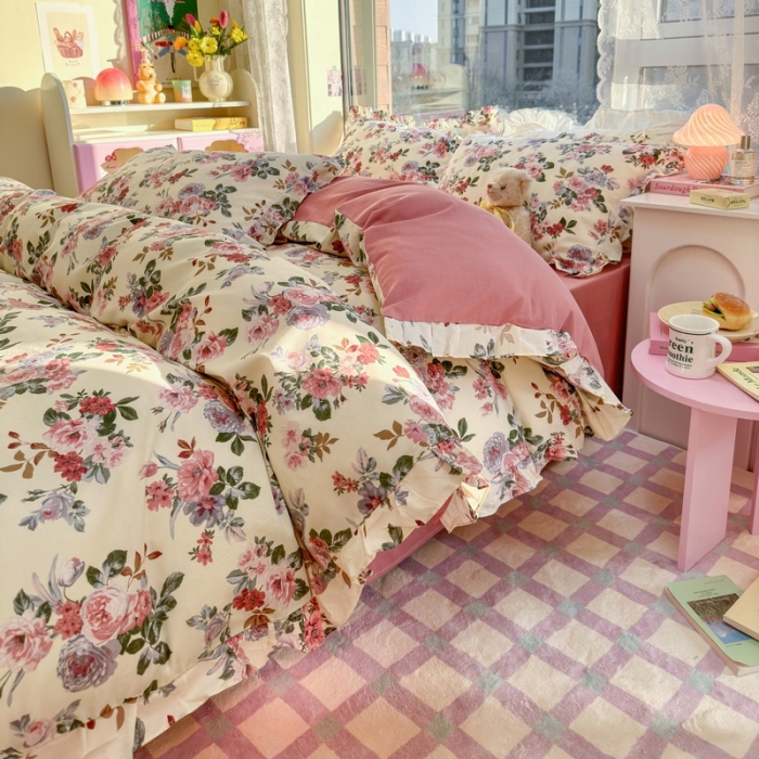 91家纺网 家纺一手货源 找家纺 蓝邻 2023新款全棉印花韩版花边款四件套 满园芳华