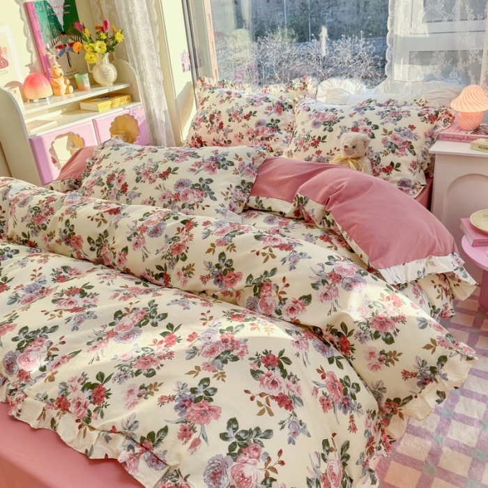 91家纺网 家纺一手货源 找家纺 蓝邻 2023新款全棉印花韩版花边款四件套 满园芳华