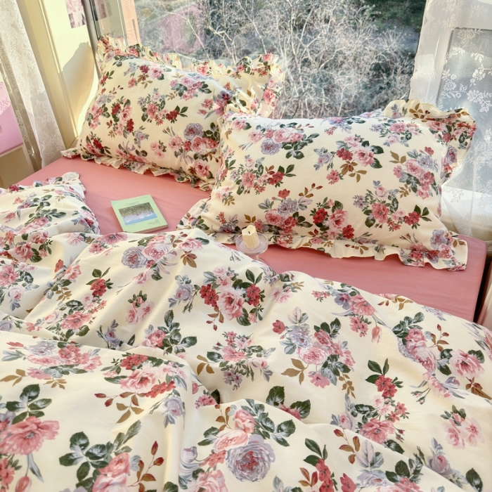 91家纺网 家纺一手货源 找家纺 蓝邻 2023新款全棉印花韩版花边款四件套 满园芳华
