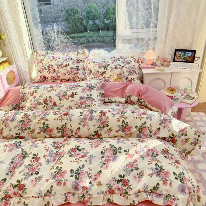 91家纺网 家纺一手货源 找家纺 蓝邻 2023新款全棉印花韩版花边款四件套 满园芳华
