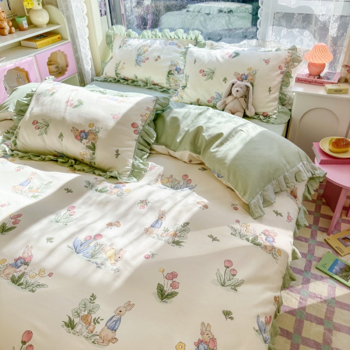 91家纺网 家纺一手货源 找家纺 蓝邻 2023新款全棉印花韩版花边款四件套 蘑菇屋