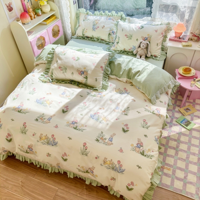 91家纺网 家纺一手货源 找家纺 蓝邻 2023新款全棉印花韩版花边款四件套 蘑菇屋