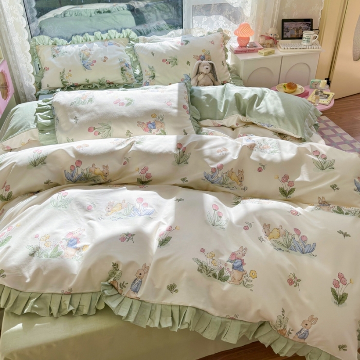 91家纺网 家纺一手货源 找家纺 蓝邻 2023新款全棉印花韩版花边款四件套 蘑菇屋