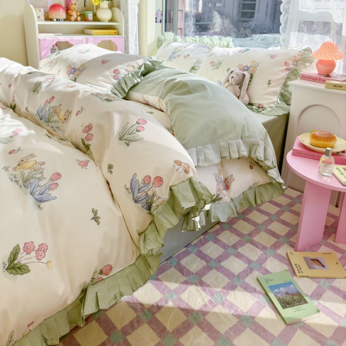 91家纺网 家纺一手货源 找家纺 蓝邻 2023新款全棉印花韩版花边款四件套 蘑菇屋