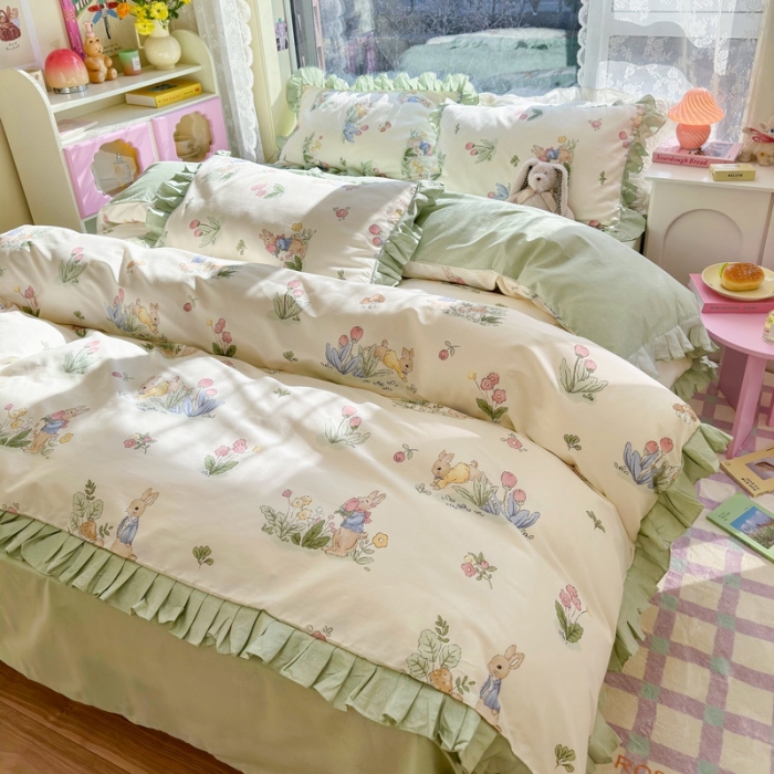 91家纺网 家纺一手货源 找家纺 蓝邻 2023新款全棉印花韩版花边款四件套 蘑菇屋