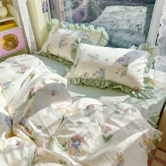 91家纺网 家纺一手货源 找家纺 蓝邻 2023新款全棉印花韩版花边款四件套 蘑菇屋