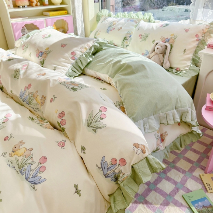 91家纺网 家纺一手货源 找家纺 蓝邻 2023新款全棉印花韩版花边款四件套 蘑菇屋