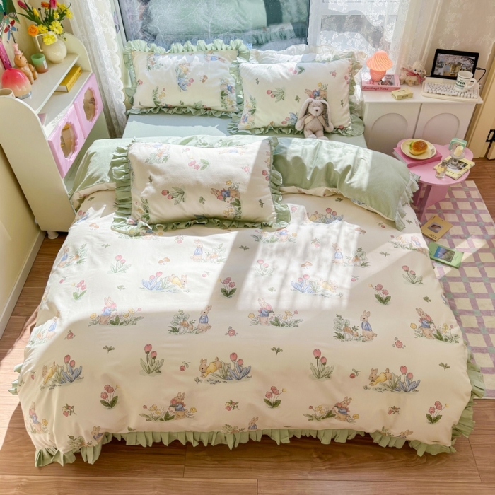 91家纺网 家纺一手货源 找家纺 蓝邻 2023新款全棉印花韩版花边款四件套 蘑菇屋