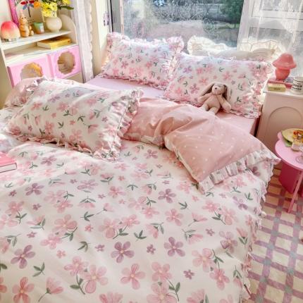 91家纺网 家纺一手货源 找家纺 （总）蓝邻 2023新款全棉印花韩版花边款四件套