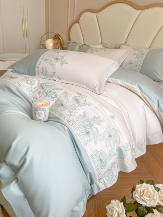 91家纺网 家纺一手货源 找家纺 2023春季高级感新品双面100纯棉刺绣四件套全棉绣花长绒棉 心悦-星冰绿