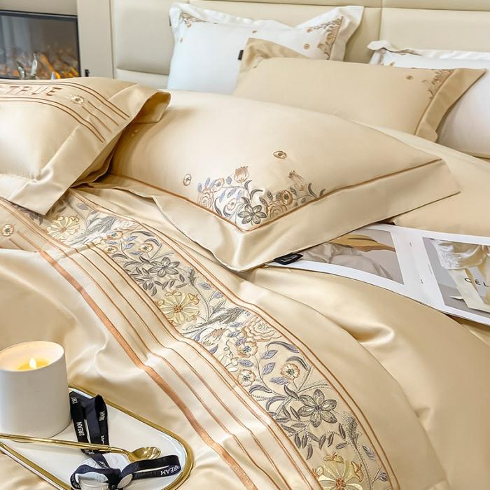 91家纺网 家纺一手货源 找家纺 100支长绒棉四件套纯色天丝棉刺绣床单被套新疆棉轻奢4件套 盘西-香槟金