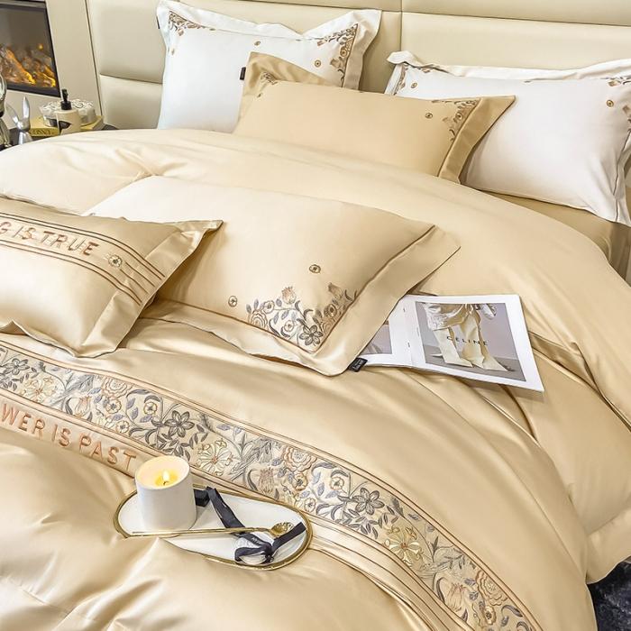 91家纺网 家纺一手货源 找家纺 100支长绒棉四件套纯色天丝棉刺绣床单被套新疆棉轻奢4件套 盘西-香槟金