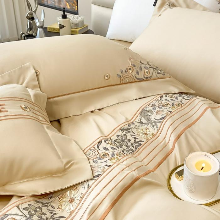 91家纺网 家纺一手货源 找家纺 100支长绒棉四件套纯色天丝棉刺绣床单被套新疆棉轻奢4件套 盘西-香槟金