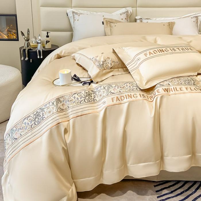 91家纺网 家纺一手货源 找家纺 100支长绒棉四件套纯色天丝棉刺绣床单被套新疆棉轻奢4件套 盘西-香槟金