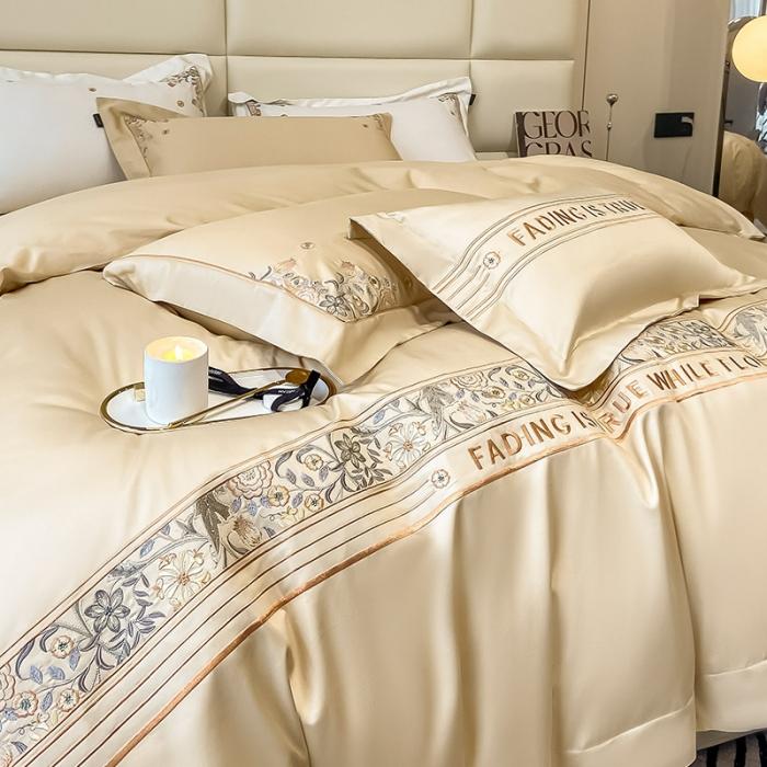 91家纺网 家纺一手货源 找家纺 100支长绒棉四件套纯色天丝棉刺绣床单被套新疆棉轻奢4件套 盘西-香槟金