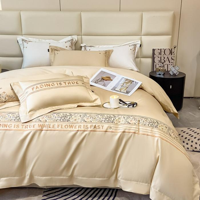 91家纺网 家纺一手货源 找家纺 100支长绒棉四件套纯色天丝棉刺绣床单被套新疆棉轻奢4件套 盘西-香槟金