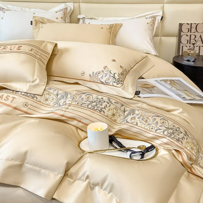 91家纺网 家纺一手货源 找家纺 100支长绒棉四件套纯色天丝棉刺绣床单被套新疆棉轻奢4件套 盘西-香槟金
