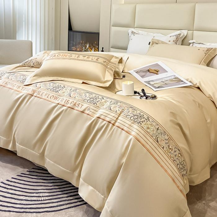 91家纺网 家纺一手货源 找家纺 100支长绒棉四件套纯色天丝棉刺绣床单被套新疆棉轻奢4件套 盘西-香槟金