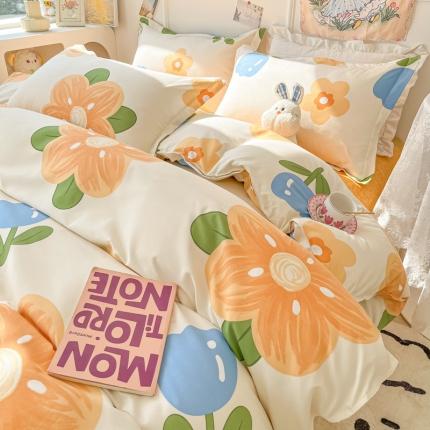 91家纺网 家纺一手货源 找家纺 花伞家居 2024直播网销斜纹加厚磨毛印花植物羊绒四件套 初夏橘