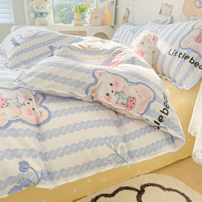 91家纺网 家纺一手货源 找家纺 花伞家居 2024直播网销斜纹加厚磨毛印花植物羊绒四件套 花丛小熊