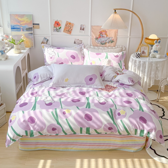 91家纺网 家纺一手货源 找家纺 花伞家居 2024直播网销斜纹加厚磨毛印花植物羊绒四件套 花儿朵朵