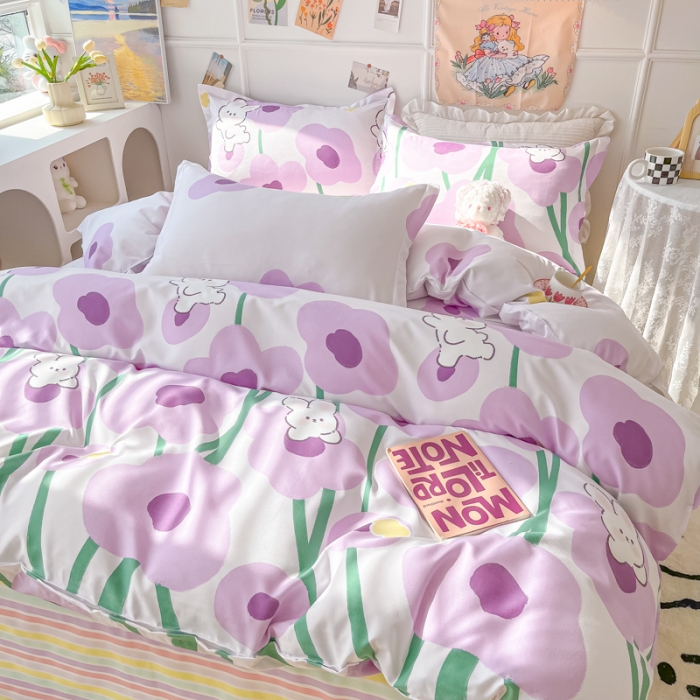 91家纺网 家纺一手货源 找家纺 花伞家居 2024直播网销斜纹加厚磨毛印花植物羊绒四件套 花儿朵朵