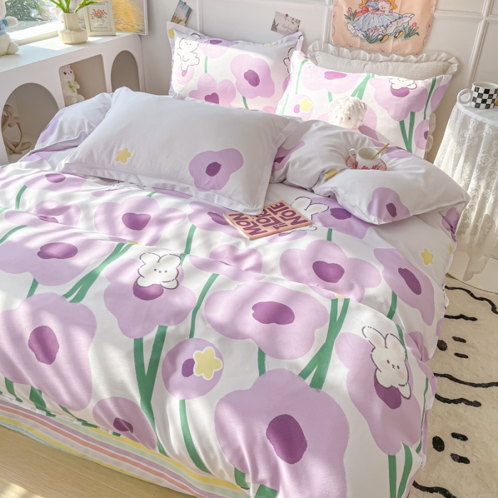 91家纺网 家纺一手货源 找家纺 花伞家居 2024直播网销斜纹加厚磨毛印花植物羊绒四件套 花儿朵朵