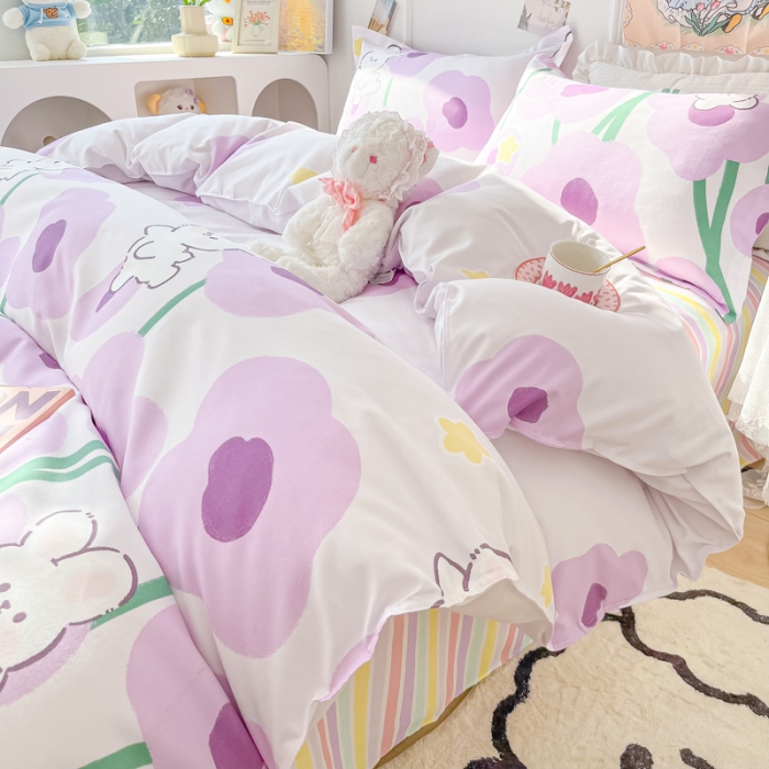 91家纺网 家纺一手货源 找家纺 花伞家居 2024直播网销斜纹加厚磨毛印花植物羊绒四件套 花儿朵朵