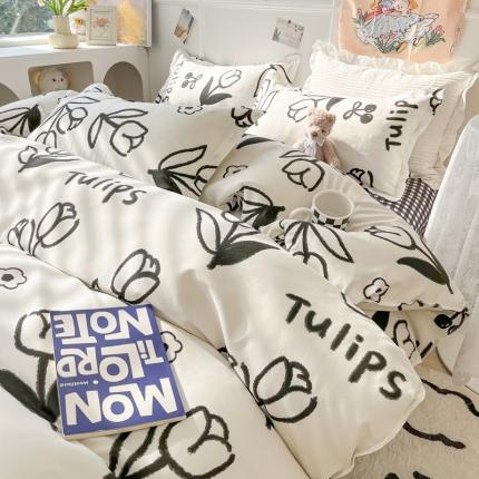 91家纺网 家纺一手货源 找家纺 花伞家居 2024直播网销斜纹加厚磨毛印花植物羊绒四件套黑色郁金香