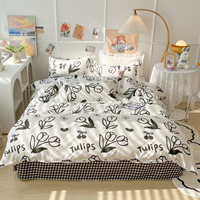 91家纺网 家纺一手货源 找家纺 花伞家居 2024直播网销斜纹加厚磨毛印花植物羊绒四件套黑色郁金香