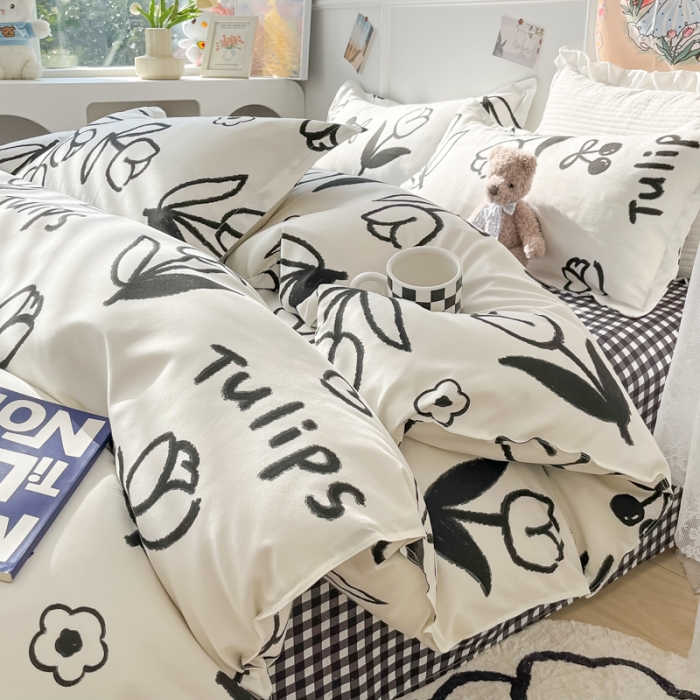 91家纺网 家纺一手货源 找家纺 花伞家居 2024直播网销斜纹加厚磨毛印花植物羊绒四件套黑色郁金香