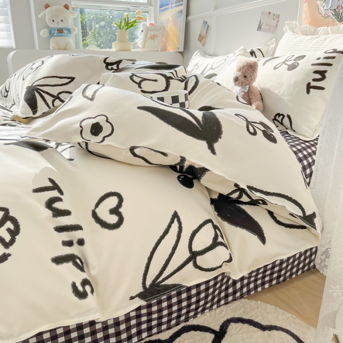 91家纺网 家纺一手货源 找家纺 花伞家居 2024直播网销斜纹加厚磨毛印花植物羊绒四件套黑色郁金香