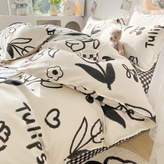 91家纺网 家纺一手货源 找家纺 花伞家居 2024直播网销斜纹加厚磨毛印花植物羊绒四件套黑色郁金香