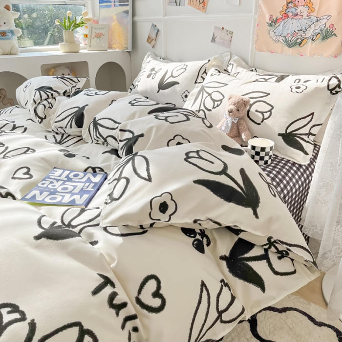 91家纺网 家纺一手货源 找家纺 花伞家居 2024直播网销斜纹加厚磨毛印花植物羊绒四件套黑色郁金香