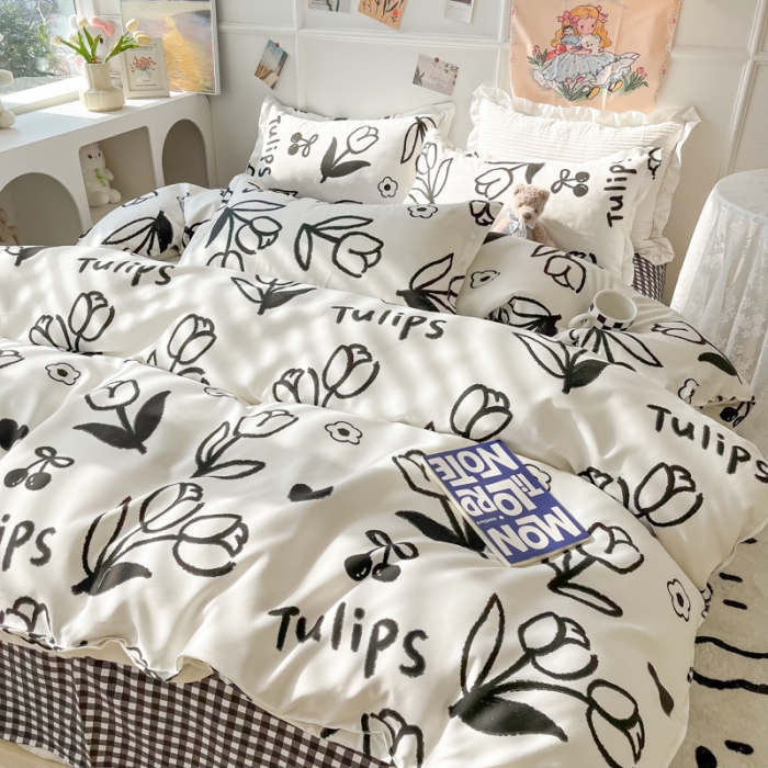 91家纺网 家纺一手货源 找家纺 花伞家居 2024直播网销斜纹加厚磨毛印花植物羊绒四件套黑色郁金香