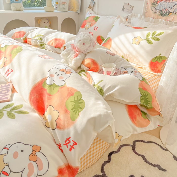 91家纺网 家纺一手货源 找家纺 花伞家居 2024直播网销斜纹加厚磨毛印花植物羊绒四件套 好柿成双