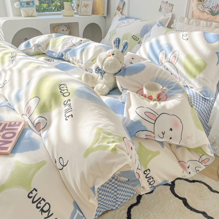 91家纺网 家纺一手货源 找家纺 花伞家居 2024直播网销斜纹加厚磨毛印花植物羊绒四件套 星光兔