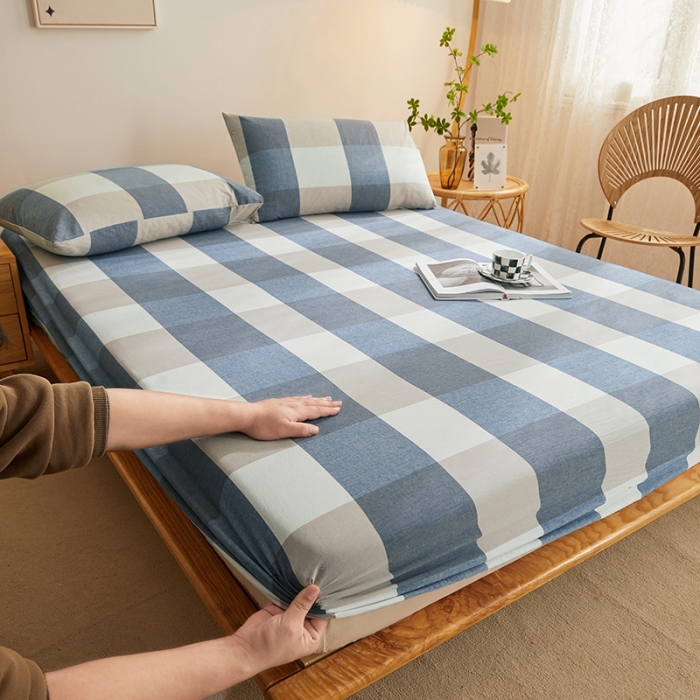 91家纺网 家纺一手货源 找家纺 恋人优选 2023新款纯棉色织床笠 蓝大格