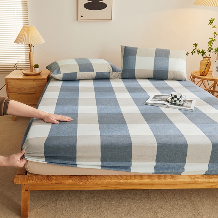 91家纺网 家纺一手货源 找家纺 恋人优选 2023新款纯棉色织床笠 蓝大格