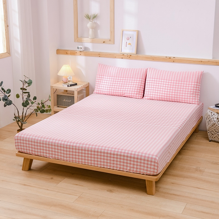 91家纺网 家纺一手货源 找家纺 恋人优选 2023新款纯棉色织床笠 粉色格