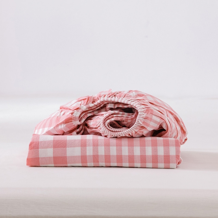 91家纺网 家纺一手货源 找家纺 恋人优选 2023新款纯棉色织床笠 粉色格