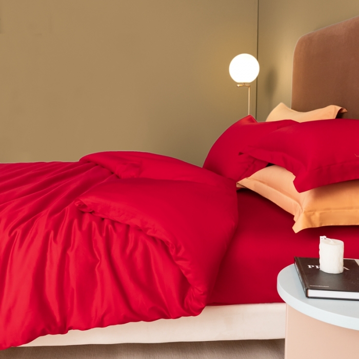 91家纺网 家纺一手货源 找家纺 秀色 50支贡缎新疆长绒棉全棉纯棉酒店轻奢纯色被套床上四件套 海棠红