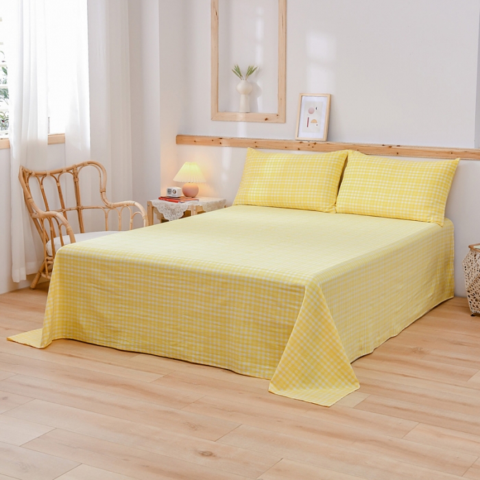 91家纺网 家纺一手货源 找家纺 恋人优选 2023新款纯棉色织床单 彩虹黄小格