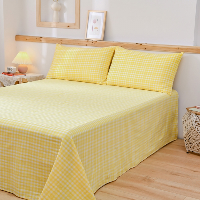 91家纺网 家纺一手货源 找家纺 恋人优选 2023新款纯棉色织床单 彩虹黄小格