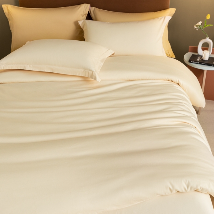 91家纺网 家纺一手货源 找家纺 秀色 50支贡缎新疆长绒棉全棉纯棉酒店轻奢纯色被套床上四件套 奶昔白