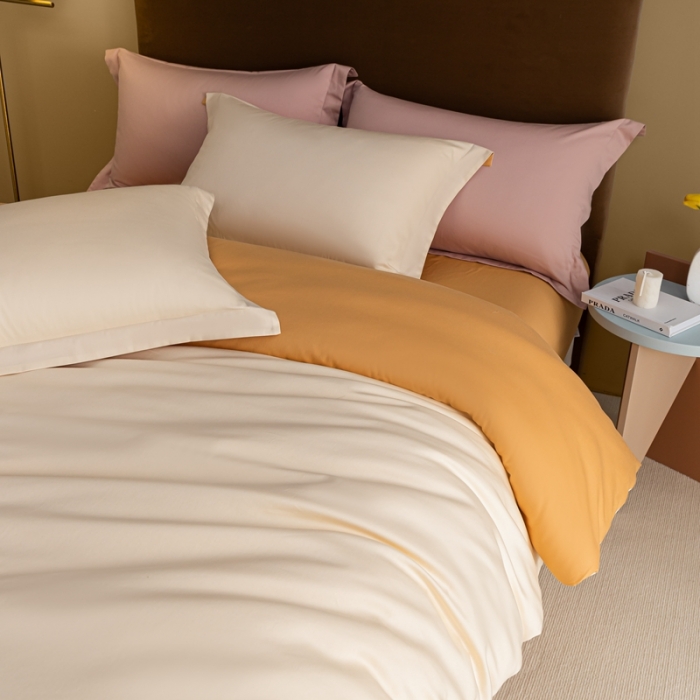 91家纺网 家纺一手货源 找家纺 秀色50支贡缎新疆长绒棉全棉纯棉酒店轻奢纯色被套床上四件套奶昔白+南瓜橘