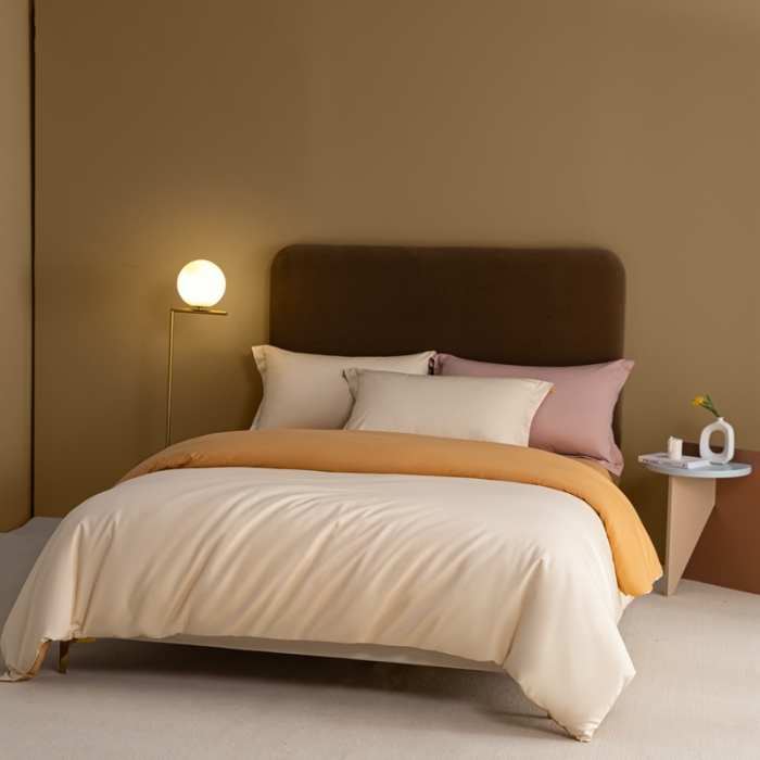 91家纺网 家纺一手货源 找家纺 秀色50支贡缎新疆长绒棉全棉纯棉酒店轻奢纯色被套床上四件套奶昔白+南瓜橘