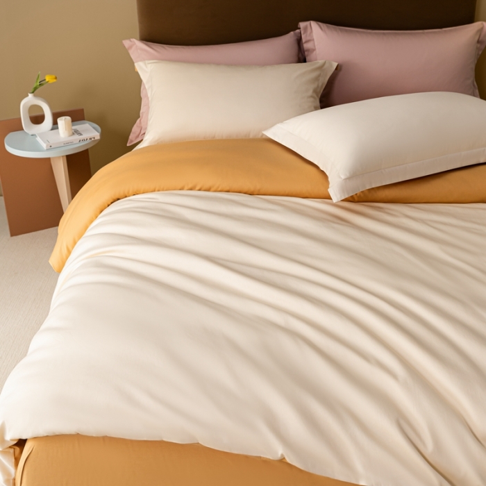 91家纺网 家纺一手货源 找家纺 秀色50支贡缎新疆长绒棉全棉纯棉酒店轻奢纯色被套床上四件套奶昔白+南瓜橘